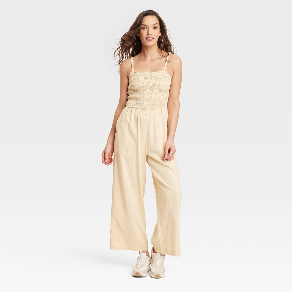 Smocked Linen Maxi Jumpsuit - yellow M